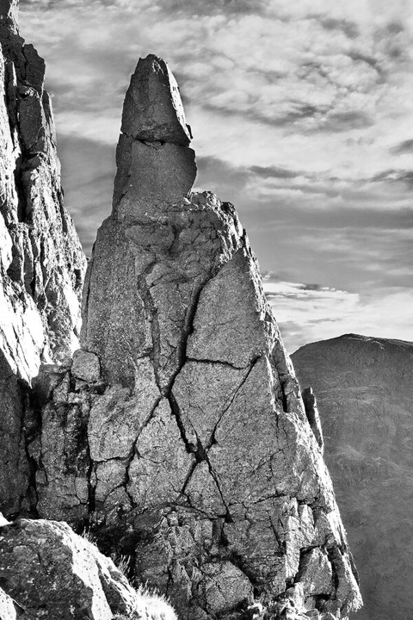 Black and white photograph of a lake District icon on Great Gable. Napes Needle is a beautiful rock sculpture and famous among climbers.