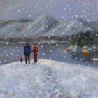 Lake District art print We Love Snow and Derwentwater by local artist Jeff Sudders. Heart shaped snowflakes fall on a couple by the lake.