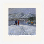 Lake District Art framed print We Love Snow Derwentwater by Jeff Sudders. Romantic picture of heart shaped snow falls on a couple by the mountains and lake.