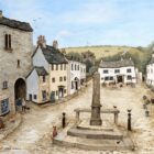 Lake District art by Janice McGloine. Cartmel in her colourful and quirky style creating a happy atmosphere in the town square.