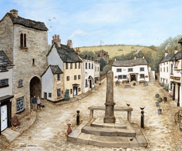 Lake District art by Janice McGloine. Cartmel in her colourful and quirky style creating a happy atmosphere in the town square.