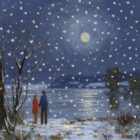 Lake District art print Love on a Snowy Night Windermere by local artist Jeff Sudders. A couple hold hands by the moonlit lake whilst snow falls from the sky.