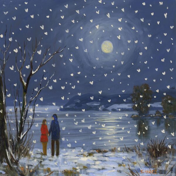 Lake District art print Love on a Snowy Night Windermere by local artist Jeff Sudders. A couple hold hands by the moonlit lake whilst snow falls from the sky.