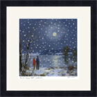 Lake District Art framed print Love on a Snowy Night Windermere by Jeff Sudders. Heart shaped snowflakes fall on a couple by the lake.