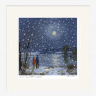 Lake District Art framed print Love on a Snowy Night Windermere by Jeff Sudders. Heart shaped snowflakes falling on a romantic couple by the lake.