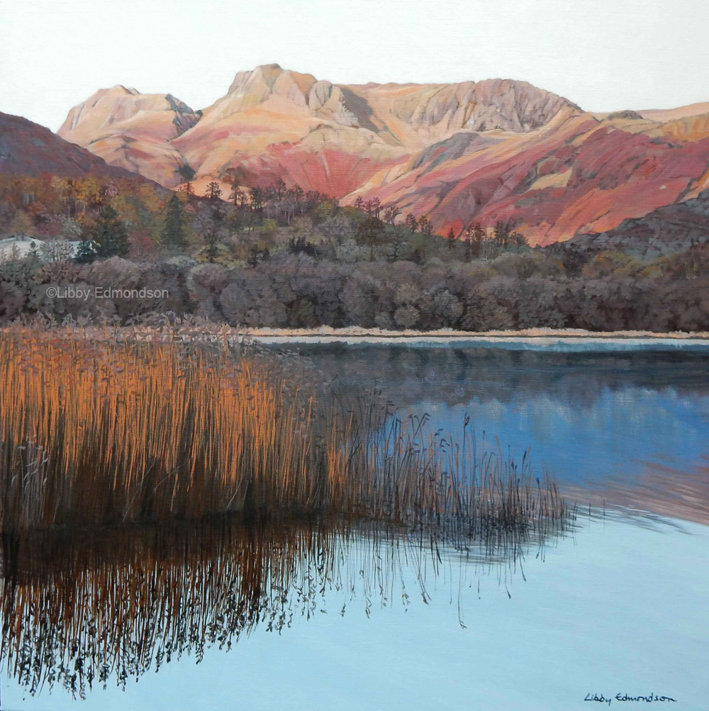 The-Pikes-from-Elterwater by Libby Edmondson Art print by Lake District artist Libby Edmondson of The Pikes from Elterwater 2019 near Ambleside. Calm blue waters against the autumnal mountains