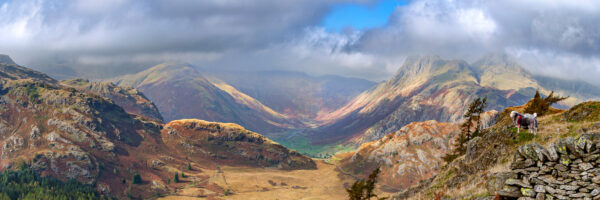 lake district panormaic photograph of the langdale valley from lingmoor fell featuring langdale pikes harrison stickle pike of stickle and a cloudy sky