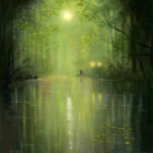 Lake District art print Solitude by local artist Jeff Sudders. A couple stand at the end of a jetty at the waters edge under trees. Moon and lamplight cast reflections in this green scenery.