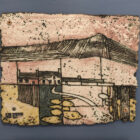 Landscape Tile by Cumbrian sculptural artist Nigel Edmondson. Hand-built using techniques in slab construction, coiling, throwing and often both in combination. Each piece is fired to a temperature of 1250C in oxidation, ensuring his creations can endure all weathers for the years to come. Using various small slabs of clay, each with a different colouring or level of oxidization, this textured tile shows a snippet of te Lake District landscape. Showing small farmhouse amongst the fields with the fells standing tall in the distance. A simple yet beautiful use of the clay medium.