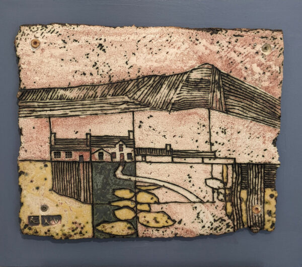Landscape Tile by Cumbrian sculptural artist Nigel Edmondson. Hand-built using techniques in slab construction, coiling, throwing and often both in combination. Each piece is fired to a temperature of 1250C in oxidation, ensuring his creations can endure all weathers for the years to come. Using various small slabs of clay, each with a different colouring or level of oxidization, this textured tile shows a snippet of te Lake District landscape. Showing small farmhouse amongst the fields with the fells standing tall in the distance. A simple yet beautiful use of the clay medium.