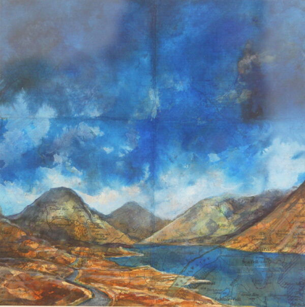 Jenny McLaren is a Welsh artist based in the Lake District. Her work combines OS maps of locations in the Lake District, with a scene of the location carefully and thinly painted over the top. In doing this, Jenny creates a beautiful and unique landscapes. In this print we see Wastwater, with bright blue skies and rolling green and blue waters surrounded by green and orange autumn hillsides.