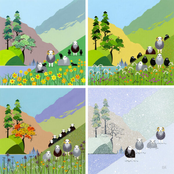 Lake District art by Linda Mellin. Herdwick sheep quad in spring summer autumn and winter with maturing lambs and changing weather/ flowers/foliage in Linda's contemporary colourful style