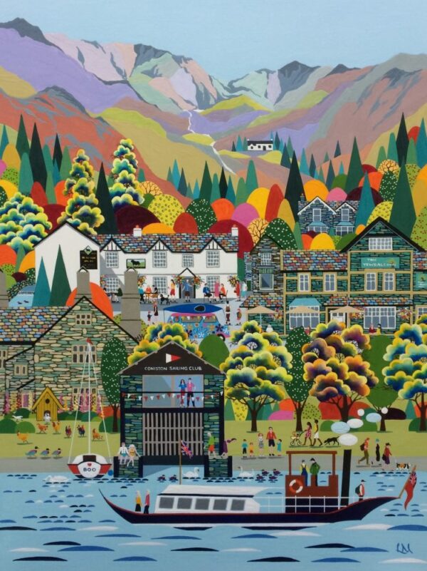 Lake District art by Linda Mellin. Coniston Sailing Club features: Old Man of Coniston/ Copper mines/ Black Bull Inn/ Yewdale Inn/ Coniston Hall/ Steam Yacht Gondola in bright colours.