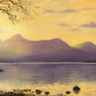Lake District art print A Tranquil Monent at Derwentwater by local artist Jeff Sudders. A yellow sunset sky and purple mountains reflected in the lake.