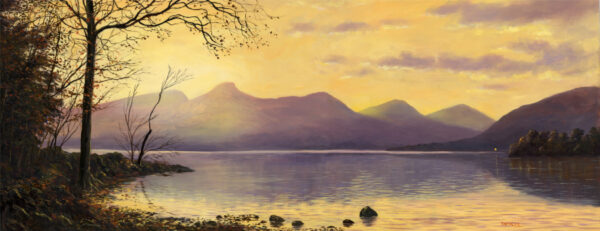 Lake District art print A Tranquil Monent at Derwentwater by local artist Jeff Sudders. A yellow sunset sky and purple mountains reflected in the lake.