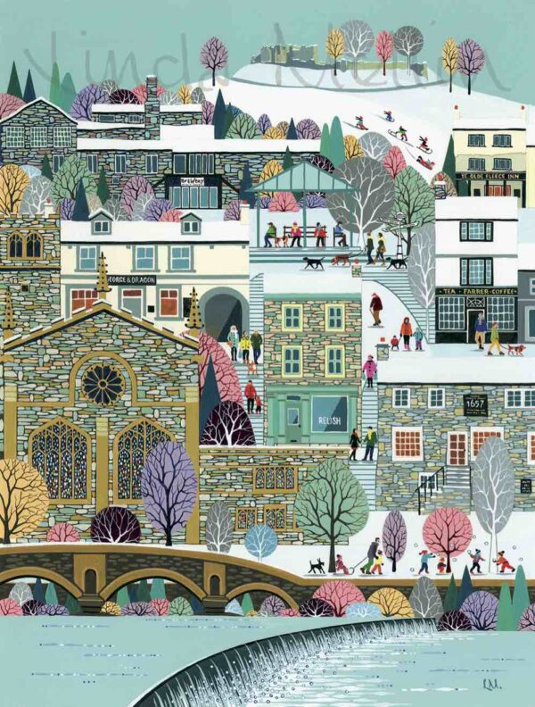 Lake District art by Linda Mellin. Kendal features: Kendal Castle/ Brewery/ Ye Old Fleece Inn/ George & Dragon Pub/ Farrer's Tea & Coffee/ Relish/ 1657 Chocolate House/Church/ River Kent
