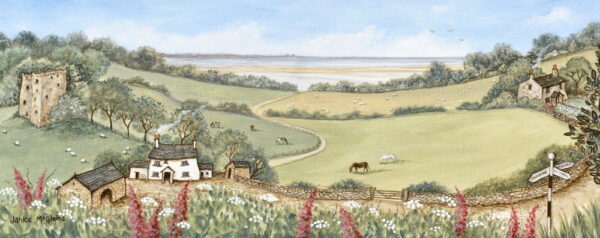 Print by Janice McGloine of the countryside road leading to Silverdale village, with foxgloves in the foreground and Morecambe Bay in the background.