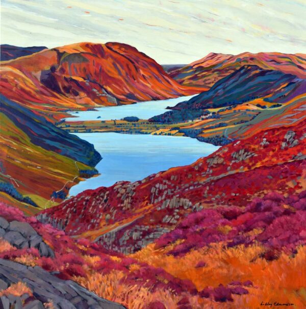 Limited Edition art print by Libby Edmondson. Crummock Water and Buttermere are a vivid blue surrounded by colourful fells. Buttermere and Crummock Water as seen from Honister. Catbells in the background