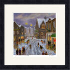 Lake District Art framed print Jeff Sudders of last minute Christmas shoppers in snowy Ambleside.