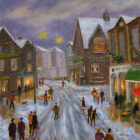 Lake Distrct art print by Lake District artist Jeff Sudders. A view looking back through Ambleside towards the Salutation Hotel in the snow. People are busily walking around the village while the shops are still open to get the last of their Christmas shopping. Granny Smiths is lit up, as are the windows of the Inn and shop opposite. There are Christmas trees decorating the shops and the Christmas lights are on.