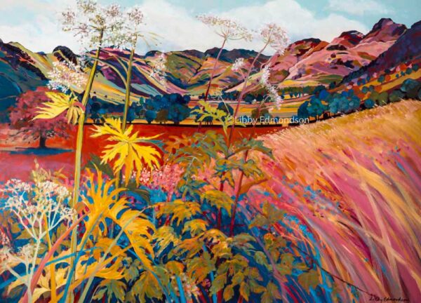 Art print by Lake District artist Libby Edmondson Fields and Mountains 2013 - a contemporary autumn toned view of the langdale valley and langdale pikes