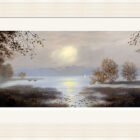 Lake District art framed print A Misty Morning at Windermere by local artist Jeff Sudders in an off white fluted frame.