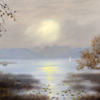 Lake District art print A Misty Morning at Windermere by local artist Jeff Sudders. Hazy morning sunlight over the lake and mountains in shades of blue and browns.