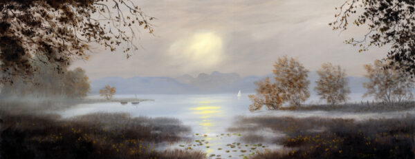 Lake District art print A Misty Morning at Windermere by local artist Jeff Sudders. Hazy morning sunlight over the lake and mountains in shades of blue and browns.