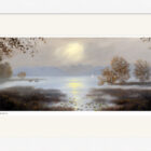 Lake District art framed print A Misty Morning at Windermere by local artist Jeff Sudders in a white frame.