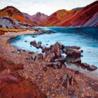 Art print by Lake District artist Libby Edmondson of Wastwater II featuring the deepest lake with yewbarrow great gable and scafell in red purple tones