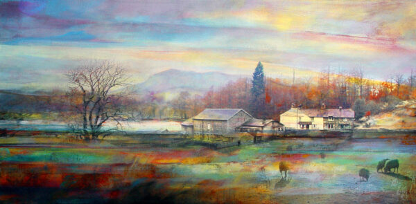 Giclee print by Kate Boyce of the Lake District. Farm buildings in the foreground with sheep in the field look across the landscape towards the Coniston fells