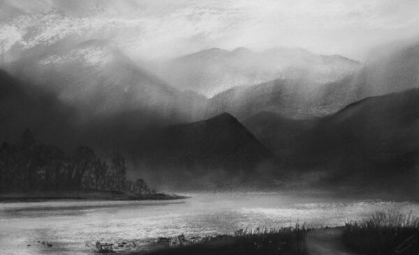 Limited edition print by Daniel Cooper of Borrowdale North Cumbria. View from Derwentwater to the fells, Scafell Pike and Great End.