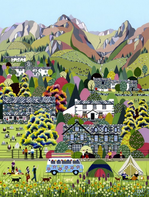 Lake District art by Linda Mellin. Langdale Valley features: Great Langdale/ Dungeon Ghyll/ Old Dungeon Ghyll Hotel/ New Dungeon Ghyll Hotel/ Great Langdale Campsite/ Sticklebarn