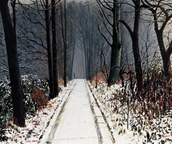 Framed print by Peter Brook. Man walking dog in snow in Yorkshire