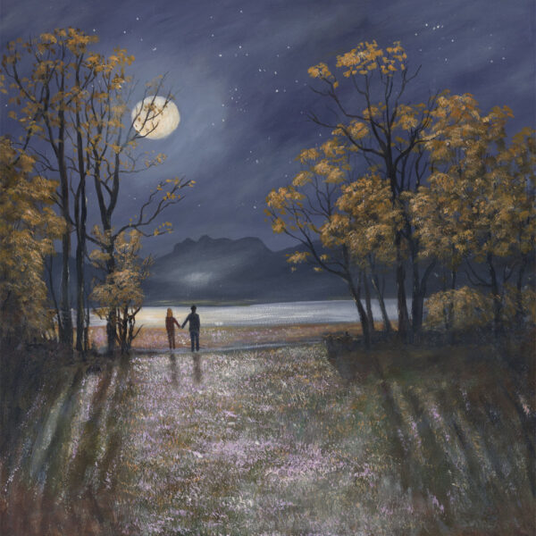 Lake District art print Stargazing by Windermere by local artist Jeff Sudders. A couple hold hands by moonlight beside the lake at Windermere.