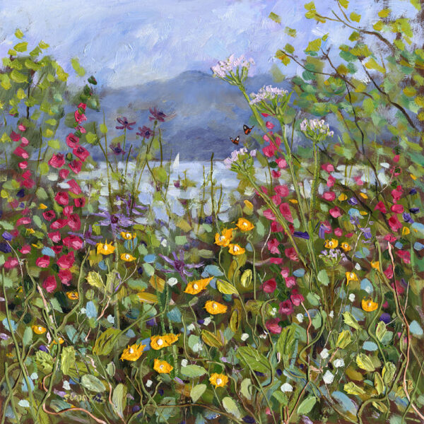 Lake District art print Growing Wild & Free Windermere by local artist Jeff Sudders. Wildflowers on the lake shore with mountains behind.