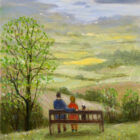 Lake District art print It's a Grand View Windermere 2020 by local artist Jeff Sudders. A couple sit on a bench looking over green fields to lake Windermere and distant mountains.