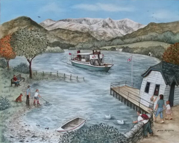 Print by Janice McGloine of the Steamer on Ullswater in the Lake District. The steamer is arriving at Pooley Bridge, with Ullswater, Place Fell to the left and the high plateau of Helvellyn beyond.
