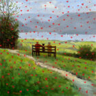 Lake District art print We Love our Mutt and Derwentwater by local artist Jeff Sudders. A couple sit holding hands with their dog overlooking Derwentwater whilst red hearts rain from the sky.