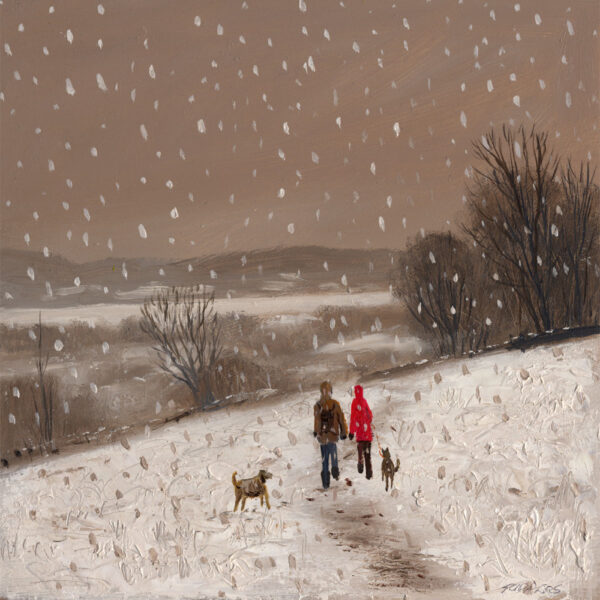 Lake District art print Winter Walk by Windermere art print by local artist Jeff Sudders. A couple walk their dogs in the snow in fields near Windermere with mountains in the distance.