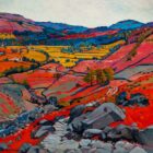 Art print by Lake District artist Libby Edmondson of A Walk in Easdale 2012 featuring a hillside view of the valley and fells in autumn tones
