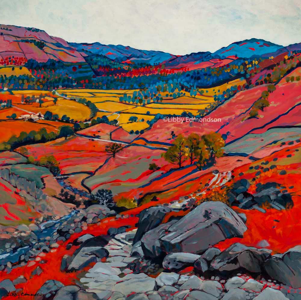 A Walk in Easdale by Libby Edmondson Art print by Lake District artist Libby Edmondson of A Walk in Easdale 2012 featuring a hillside view of the valley and fells in autumn tones