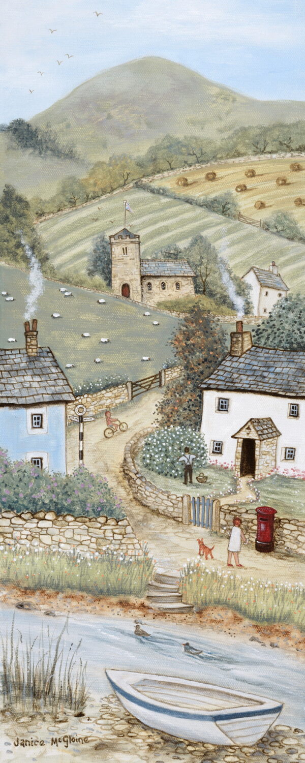 Print by Janice McGloine of cottages by a stream, the postbox is beside a garden wall and a lady is posting a letter while walking her dog. Beyond there are rolling hills, the church and hay bails.