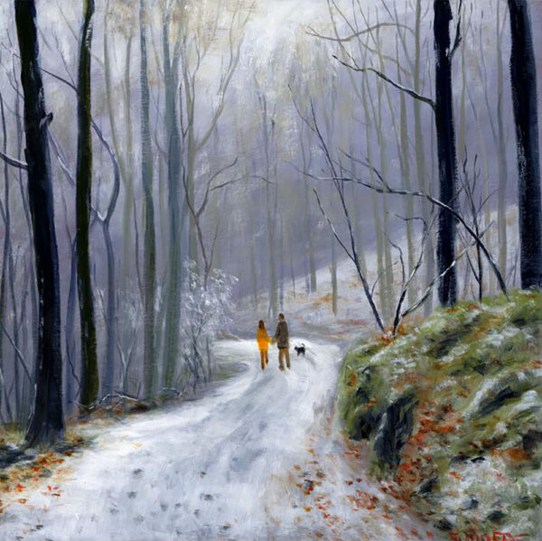 Lake District art print Deep in the Woods by local artist Jeff Sudders. A couple and their dog walk along a snowy track through woodland.