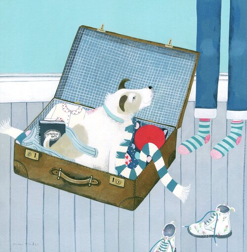 Image of a print by artist Mani Parks depicting a cute dog in a suit case longing to go for a walk with its woner, shown only from the hip down in socks.