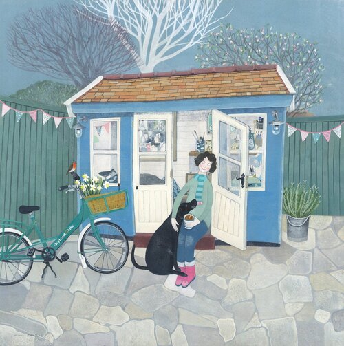 An image of artist Mani Parkes' print Our Shed, depicting a Happy Woman in front of a blue shed and various tools in a garden.