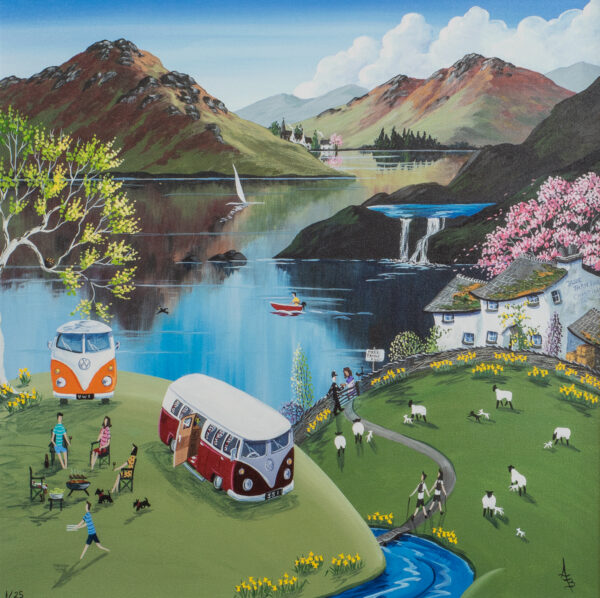 Limited edition giclee print Spring Camp with Friends by Anne Blundell of two VW camper vans in a field the occupants having a BBQ outside, by a lake and mountain landscape