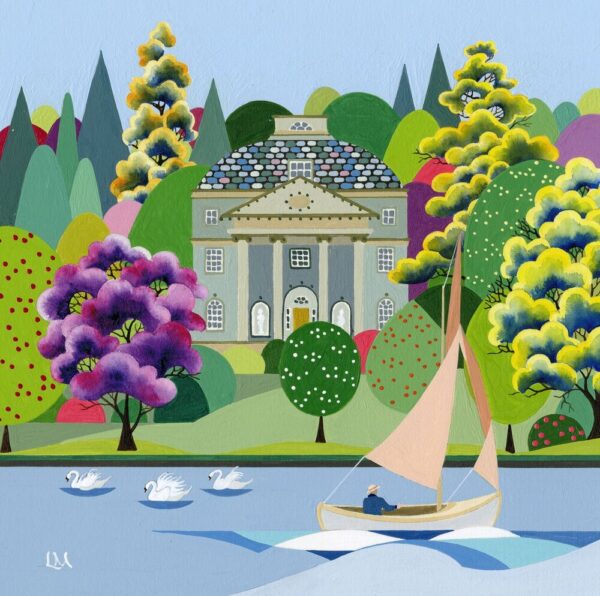 Lake District art by Linda Mellin. Belle Isle the largest island on the lake across Bowness Bay in the centre of Windermere.