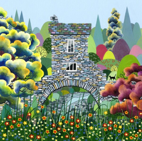 Lake District art by Linda Mellin. Bridge House stands over Stock Beck in the middle of Ambleside. Captured here in a contemporary style with bright colours and summer flowers