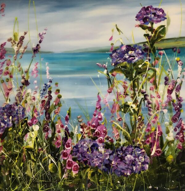 Foxgloves by the Shore an original mixed media painting by Rozanne Bell.